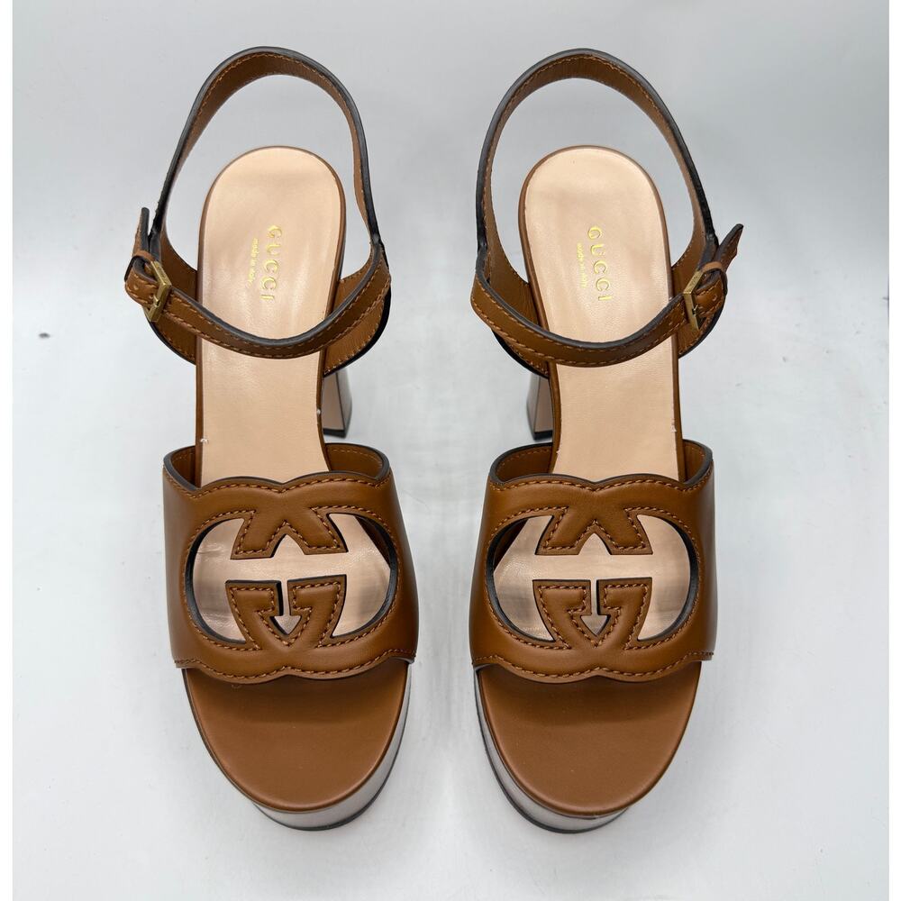 Gucci Brown Leather Heels with Platform and Ankle Strap - Picture 3 of 12